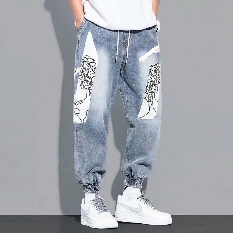 Spring Autumn Loose Jeans Men's Straight Hip Hop Korean Fashion Ankle-Length Pants Graffiti Large Size Harem Denim | Мужская одежда
