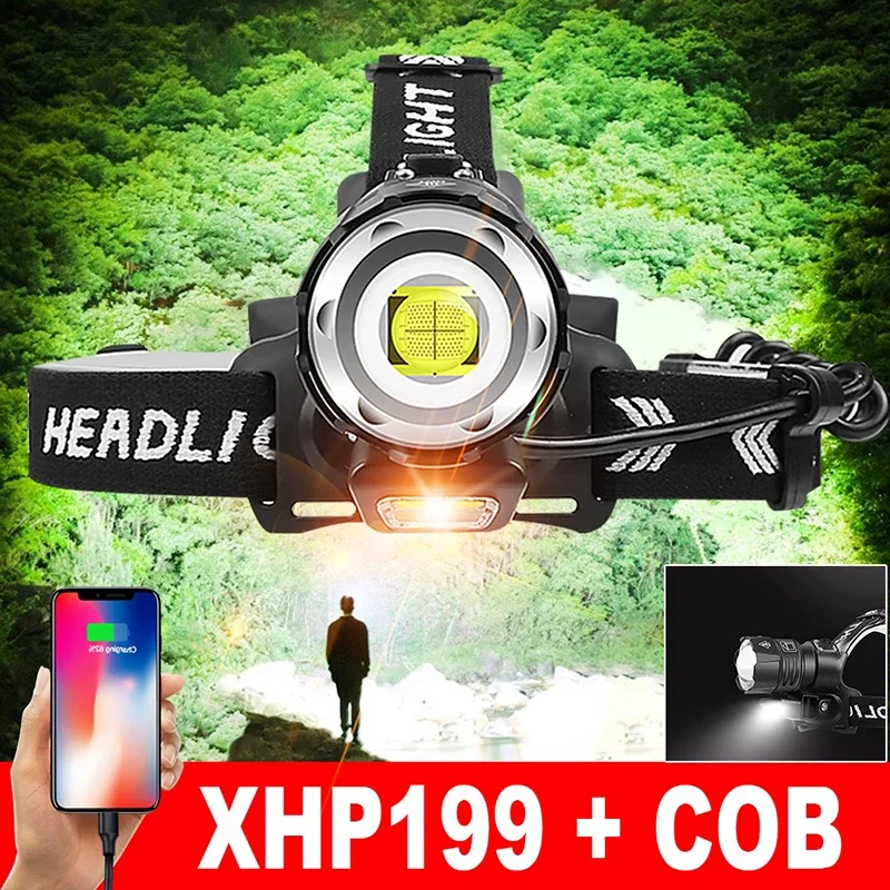 

Новейший Мощный светодиодный налобный фонарь XHP199 COB, 18650 перезаряжаемый налобный фонарь светильник hp160, самый мощный налобный фонарь, светил...