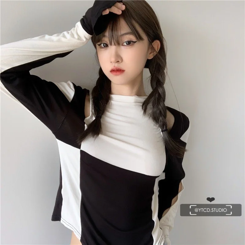 

Crop Top Women's Clothing Creativity New Spring/Autumn Korean Clothes Fashion Hit Color Stitching T-Shirts O-Neck Skinny Slim