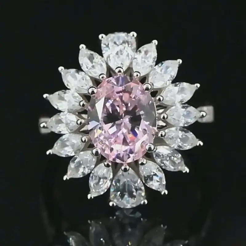 

Jazaz Fine 100% 925 Sterling Silver Pink Yellow Oval High Carbon Diamond Flower Ring Women Wedding Sparkling Wedding Party B0757