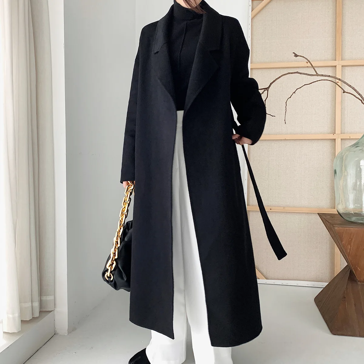 

Women's Long Coat Wool-blend Sashes Lace-up Loose Autumn and Winter Solid Color Jacket