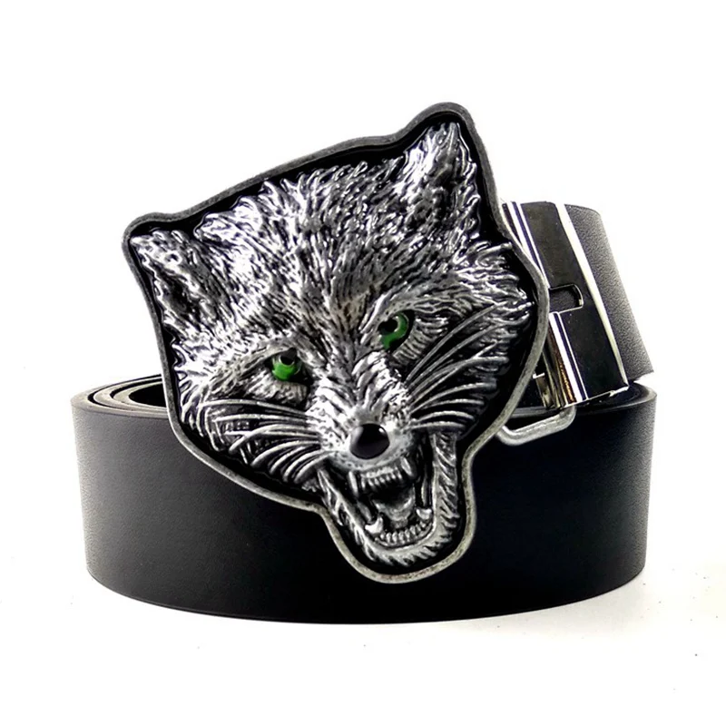 Black Casual Boy Man Belt for Waist with Green Eyes Howling Wolf Animal Metal Buckle Western Cowboy Accessories Cool Male Gifts