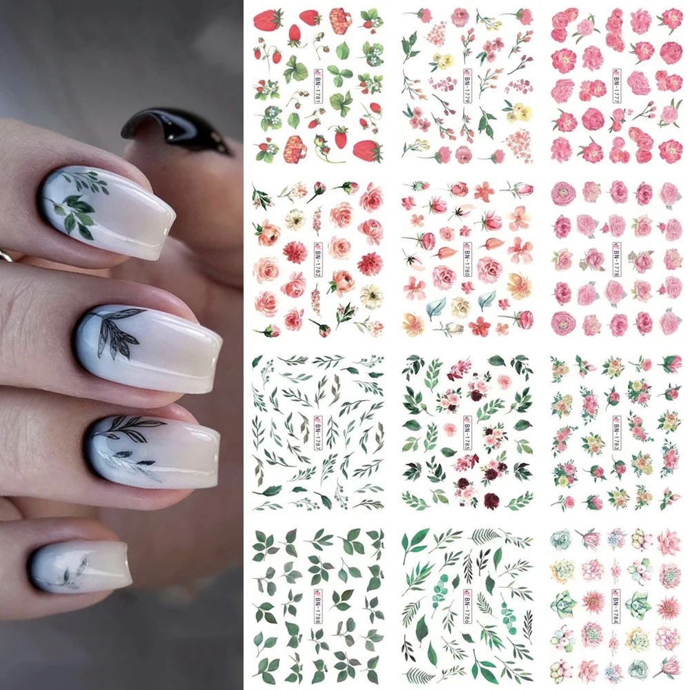 

12 styles Summer Green Leaf Water Transfer Nail Decal and Sticker Cute Cartoon Pink Flower DIY Manicure Sliders Decoration Tips