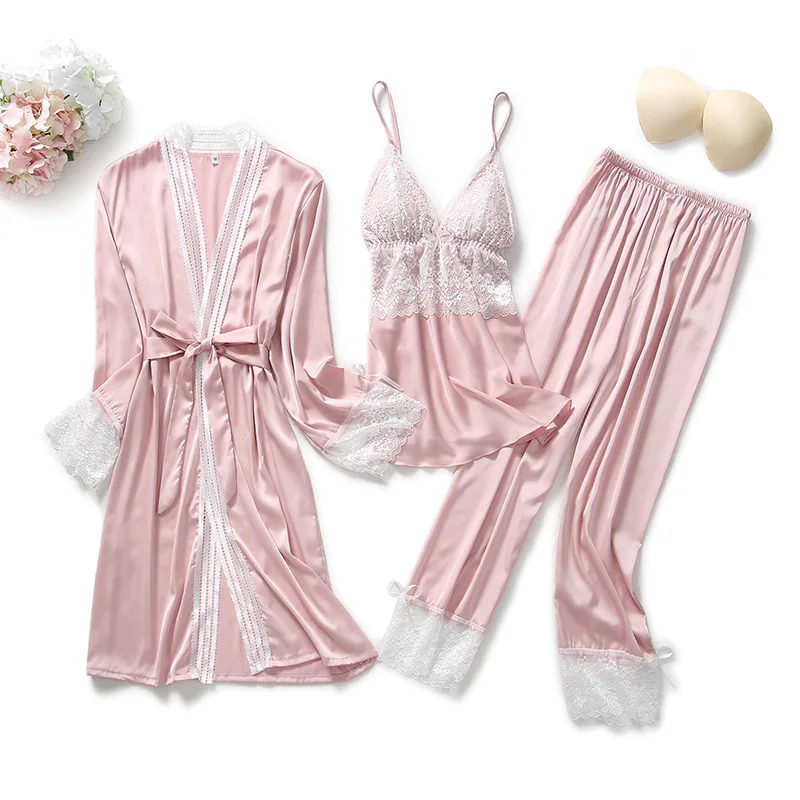 

NEW Women Pajamas Sets Satin Sleepwear Silk 3 Pieces Nightwear Pyjama Spaghetti Strap Lace Sleep Lounge Pijama With Chest Pads