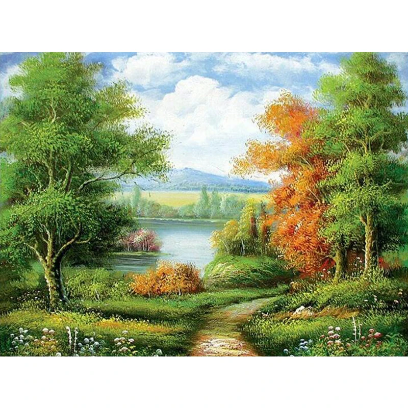 

Yumeart Forest Mosaic Waterfall Nature Picture of Rhinestones Diamond Embroidery Green Tree Diamond Painting Square cross-stitch