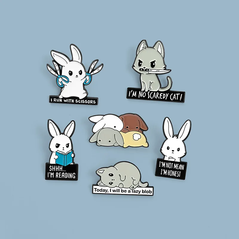 

Creative Cat Holding a Knife Brooch Cute Animal Series Brooch Pretty Rabbit Brooch Holding Scissors Funny Backpack Badge