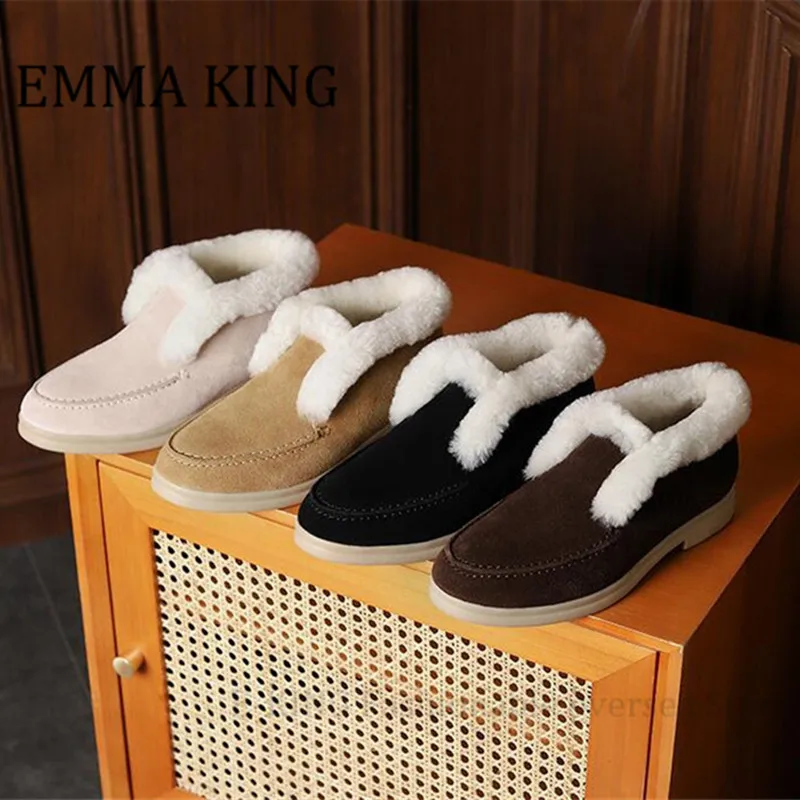 

Winter Women Snow Boots Natural Fur Suede Leather Ankle Boots Comfortable Flat Wool Boots Women's Casual Warm Slip On Boots
