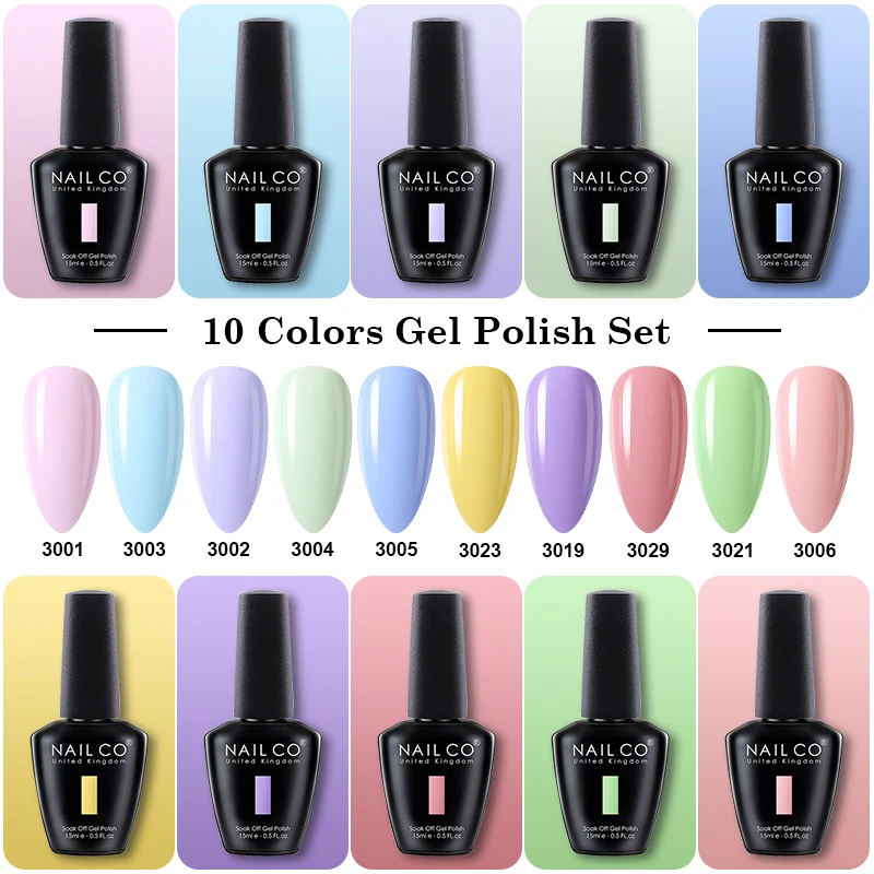 

NAILCO 10pcs/Set 15ml Gel Nail Polish Set Multi-Color Gel Varnish Hybrid Gelvarnish Top Coat Soak Off UV Gellak Lakiery Nail Art