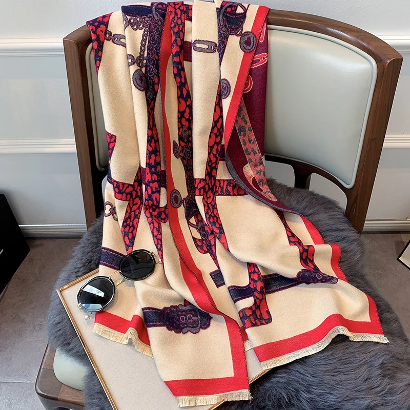 Женский кашемировый шарф зимний теплый из пашмины с принтом 2020 |