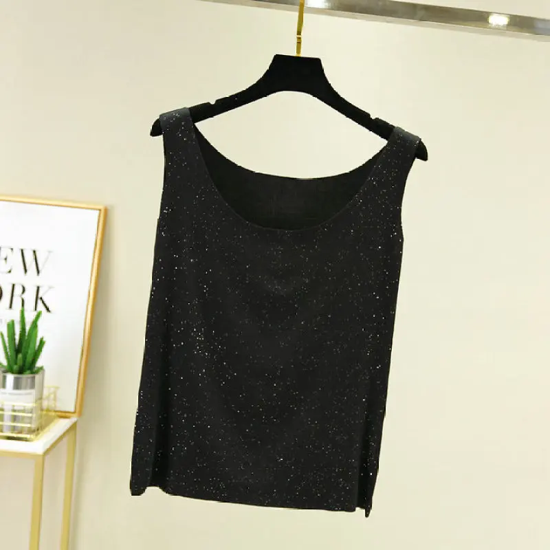 Женский Тонкий Свободный жилет блестящий однотонный топ без рукавов со стразами