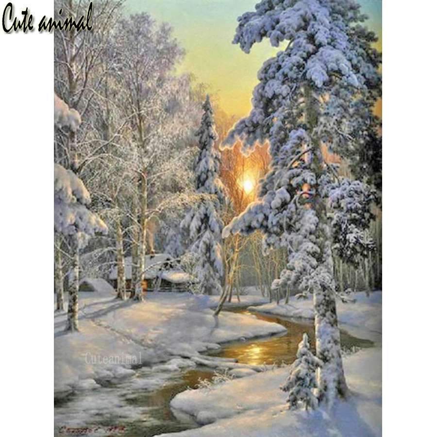 

DIY Diamond Painting Winter snow scene sunset houses 5d Full Drill Square Round Cross Stitch Embroidery Diamond Mosaic Kit gift