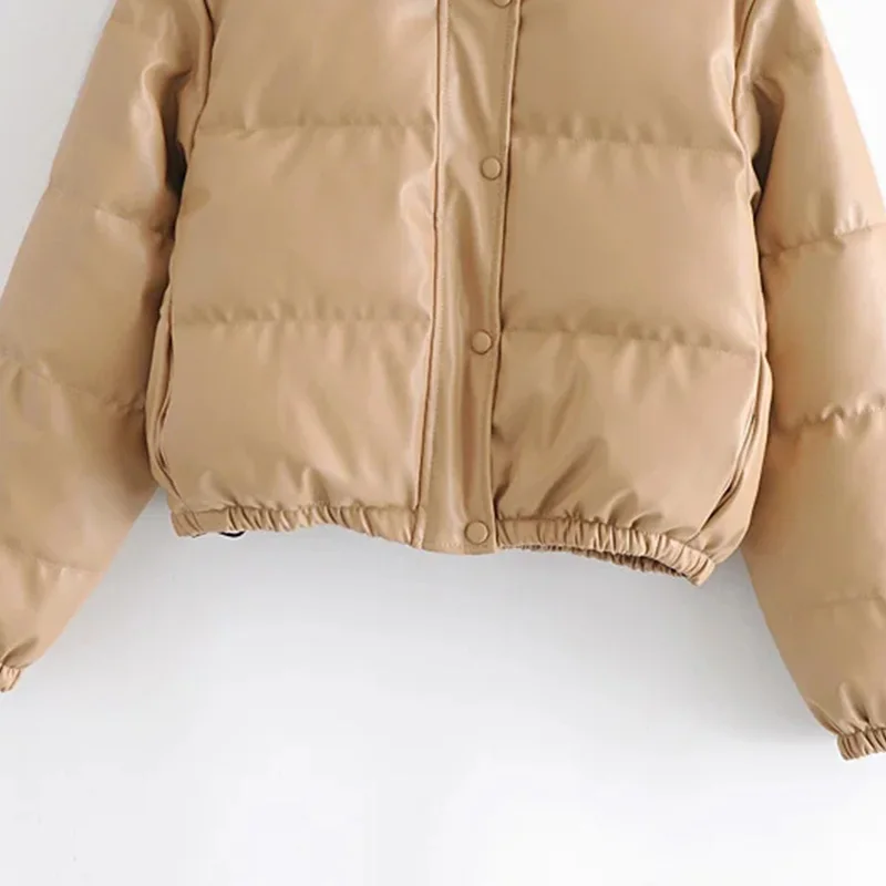 

2020 Za Women's PU Leather Parkas Khaki Jackets Winter Warm Coats Cropped Outerwear Crop Tops Faux Leather Thick Jacket Female