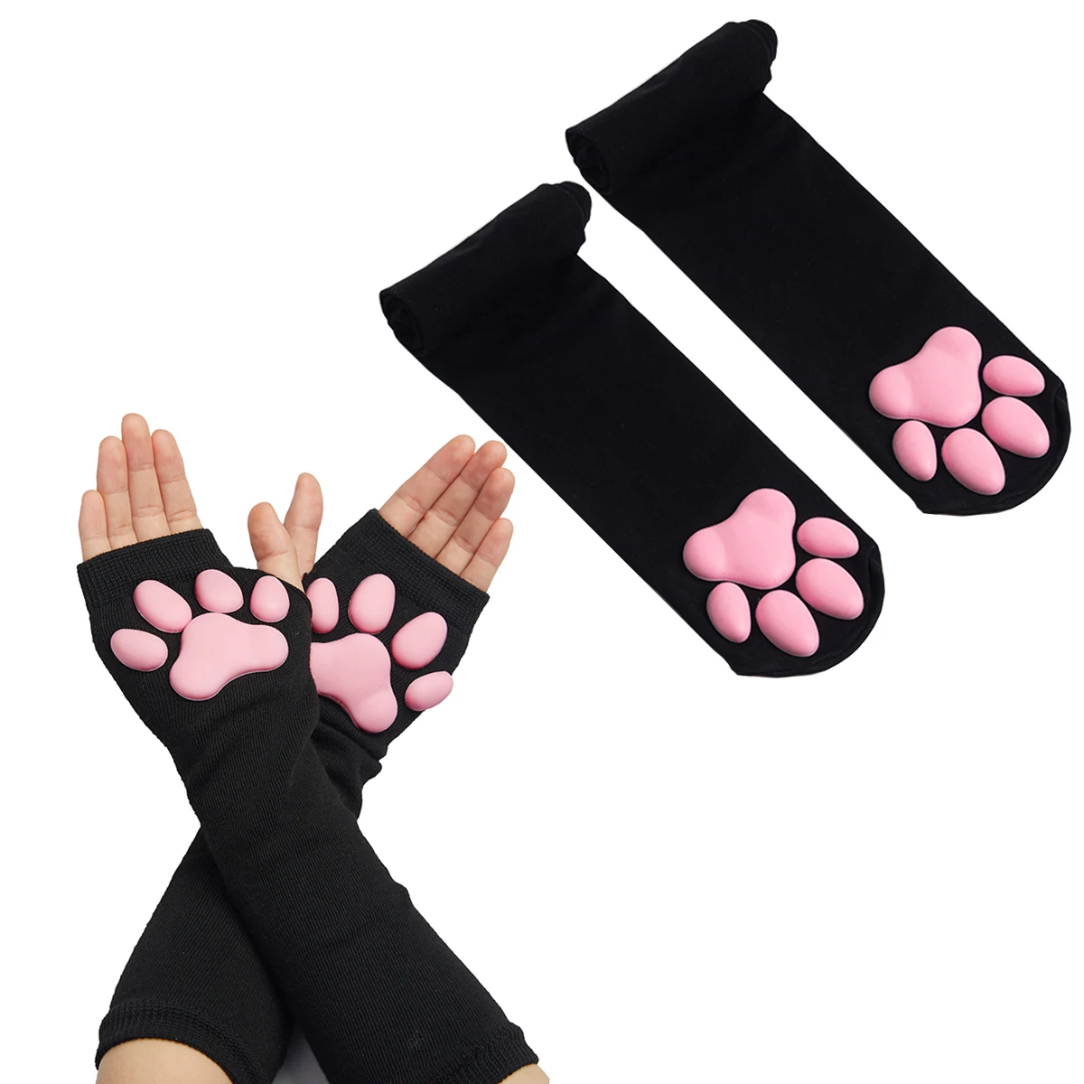 

3D Silicone Cat Paw Gloves Bts Socks Stockings Cute Kitten Fingerless Mittens Pawpads Gloves Women Girls Halloween Cosplay