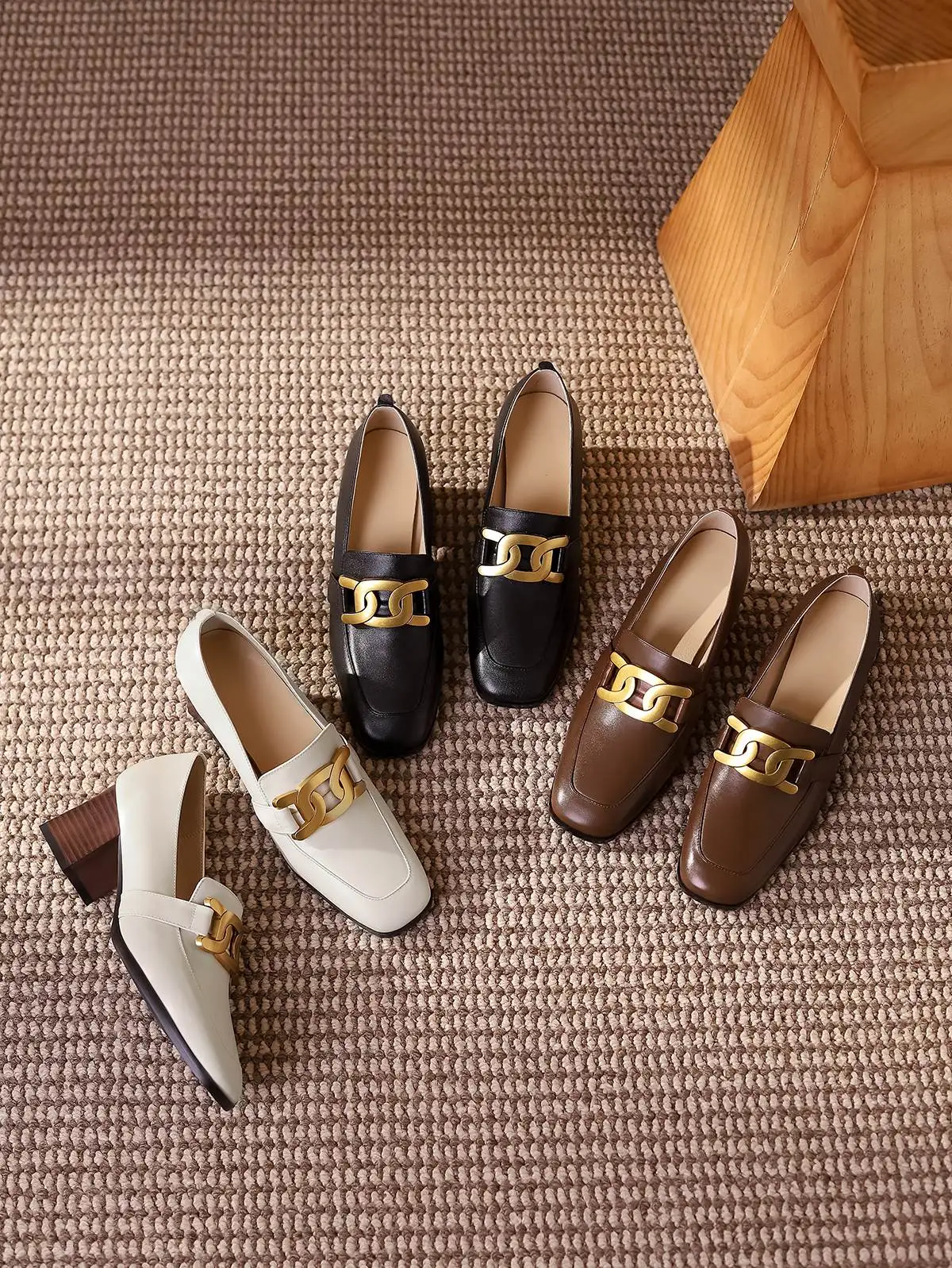 

Lenkisen business casual natural leather metal decorations square toe thick high heel slip on office lady dress women pumps L81