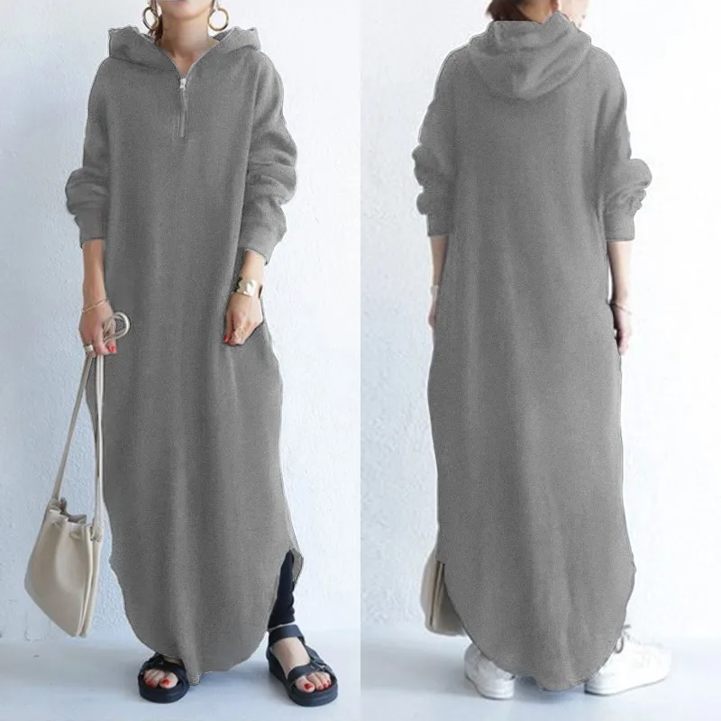 

Fashion Asymmetrical Hoodies Dress Womens Sweatshirts 2021 ZANZEA Zipper Long Sleeve Maxi Vestidos Pullovers Female Hooded Robe