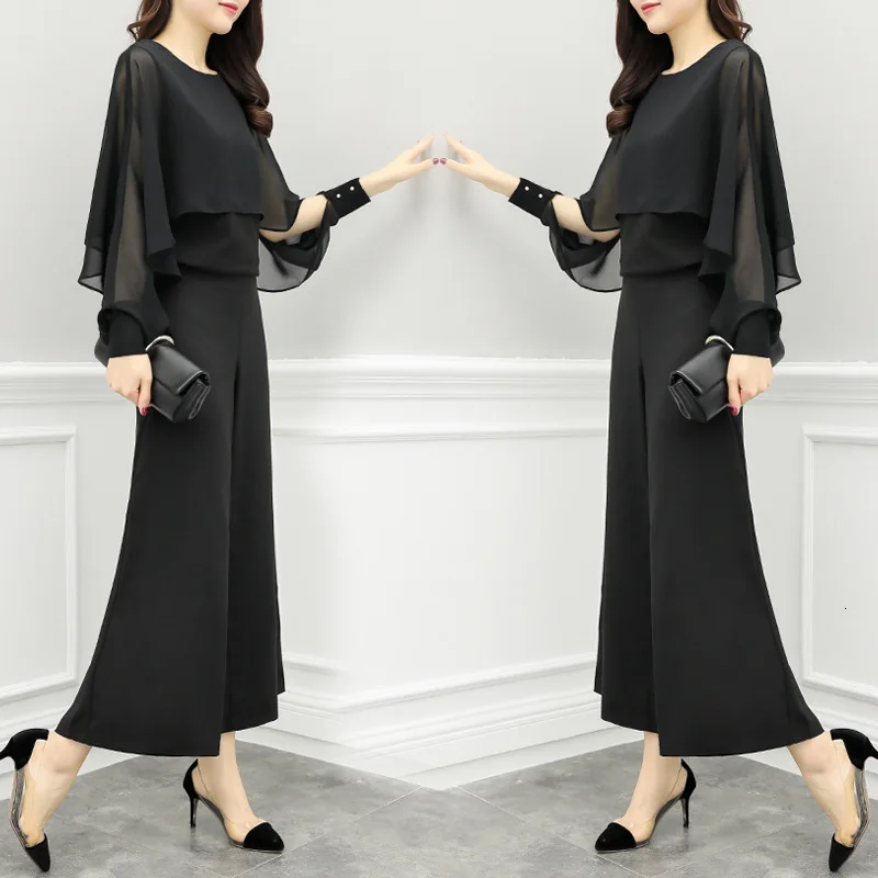2 Two Piece Blouses And Pants Sets Spring Summer Elastic High Waist Black Chiffon Wide Leg Office Lady Pantsuits Plus Size |