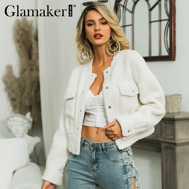 Glamaker, белое тонкое пальто из искусственного меха, короткая верхняя одежда для женщин, зима, сексуальное меховое пальто с карманами, Женская куртка клуба, пальто, уличная одежда, осень