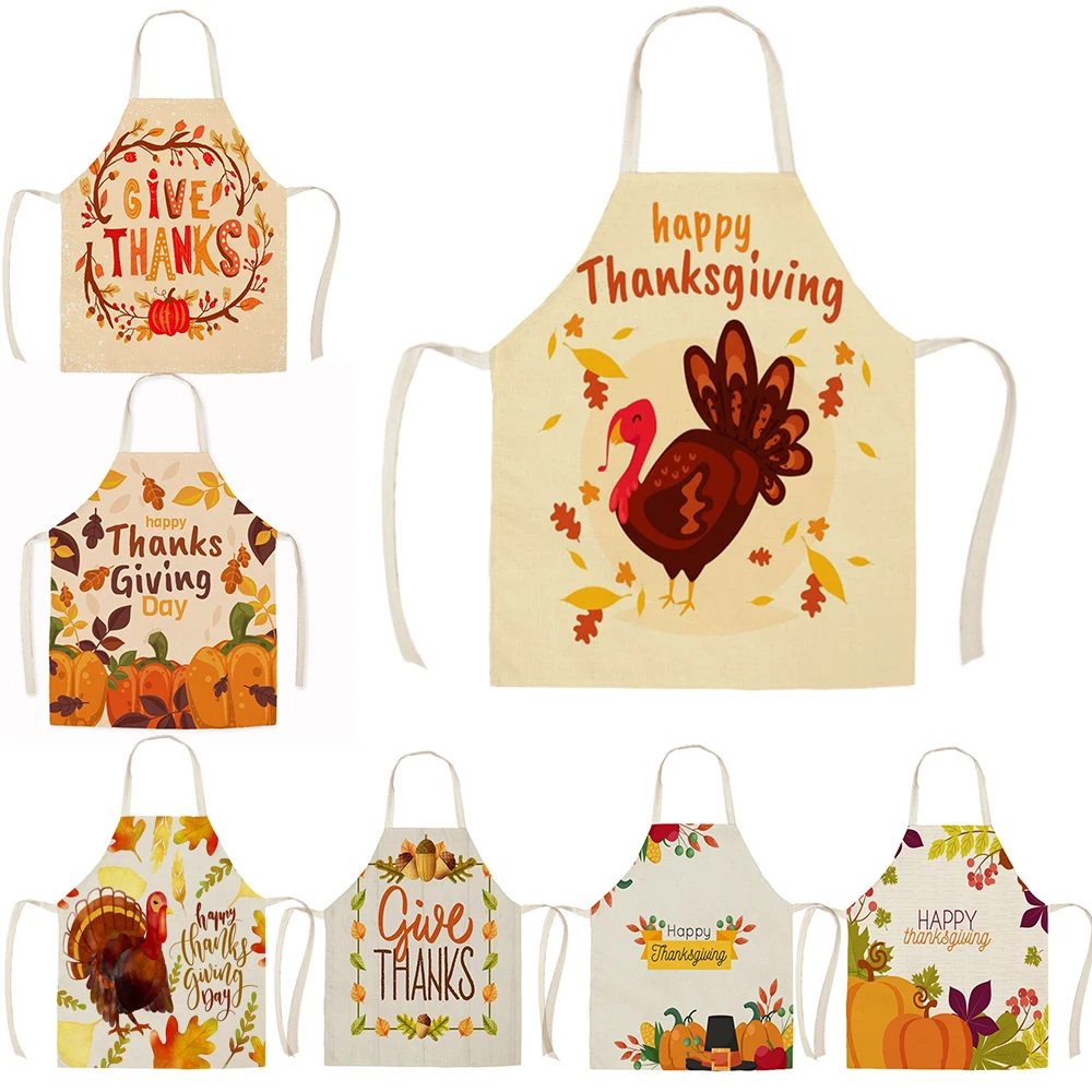 

Turkey Thanksgiving Linen Apron Waterproof And Oil Proof Kitchen Apron Home Cooking Roast Waist Bib 68x55cm
