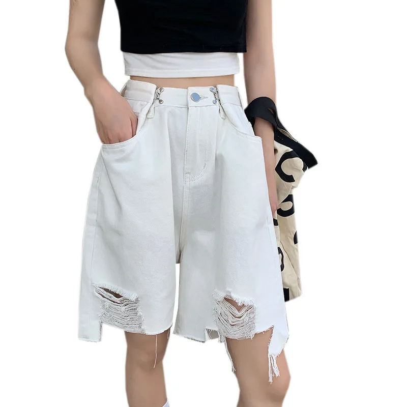 

SummerWomen's High Waist Jeans Loose Shorts White Wide-leg Pants Washed Denim Adjustable Iron Buckle Hole Denim Five-point Pants