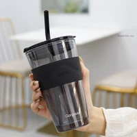 350ml 450ml coffee cup bottle thick glass mug heat resistant milk juice cup drinkware travel sealed non slip set glass mug straw