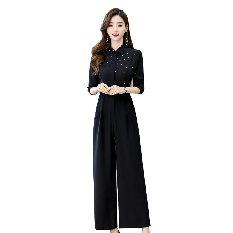 

Fashion Lapel Button Polka Dot Shirt Wide Leg Pants Two Piece Set Long Sleeved Black Business Suit Womens Clothes