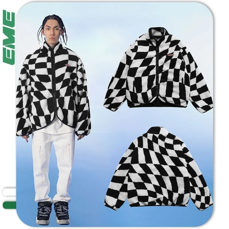 

MADEEXTREME Retro twisted plaid lamb velvet jacket Color block men cotton jacket casual fashion oversize jacket coat LY610