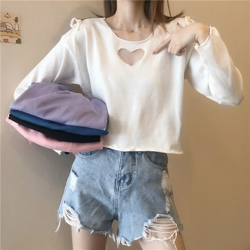 

crop top 2021 Spring Autumn Fashion thin Knitted Sweater Women Hollow Heart-Shaped Solid Pullovers Female black white Tops