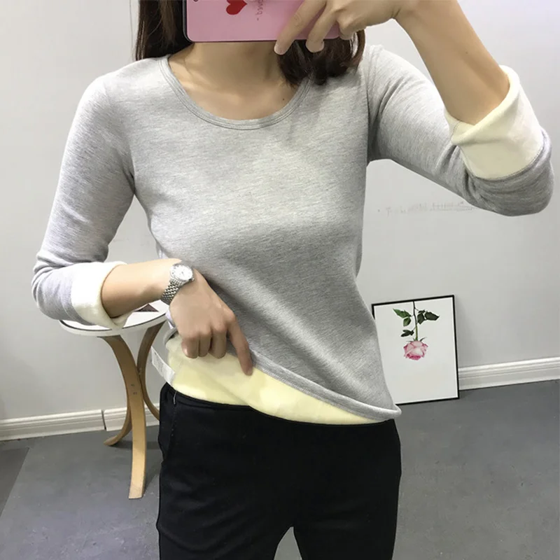 Женский зимний бархатный утепленный пуловер футболки размера плюс с длинным