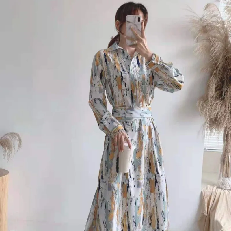 

2021 Spring and Autumn New Korean French Style Temperament Long Sleeve Design Sense Niche Cinched Tie Slim-Fit Dress for Women