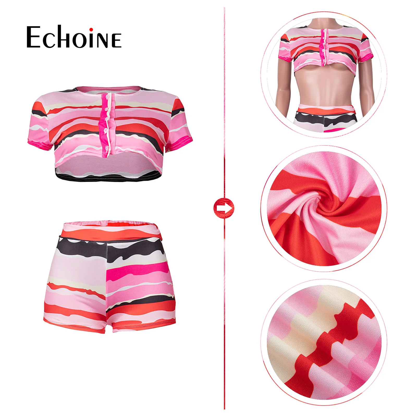 

Echoine Woman Sexy Color Contrast Two Piece Set Stripe Print Short Sleeve Single-breasted Crop Top Shorts Slim Outfits Summer