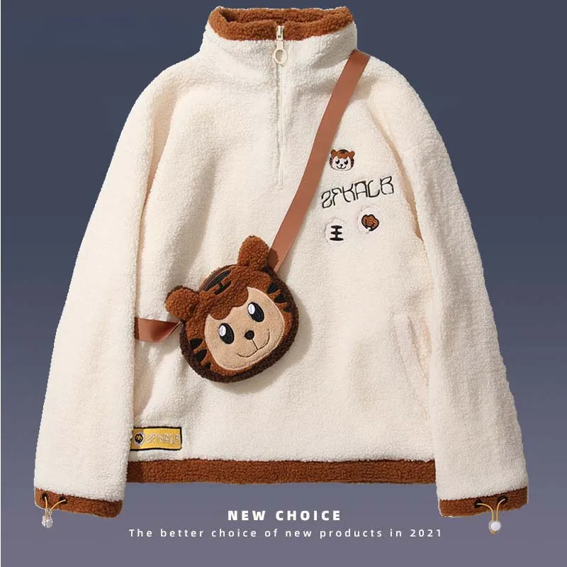 

Lambswool Winter Parkas Men Streetwear Retro Animal Patch with Bag Thick Warm Coat Mens Harajuku Hip Hop Oversized Tops Couples