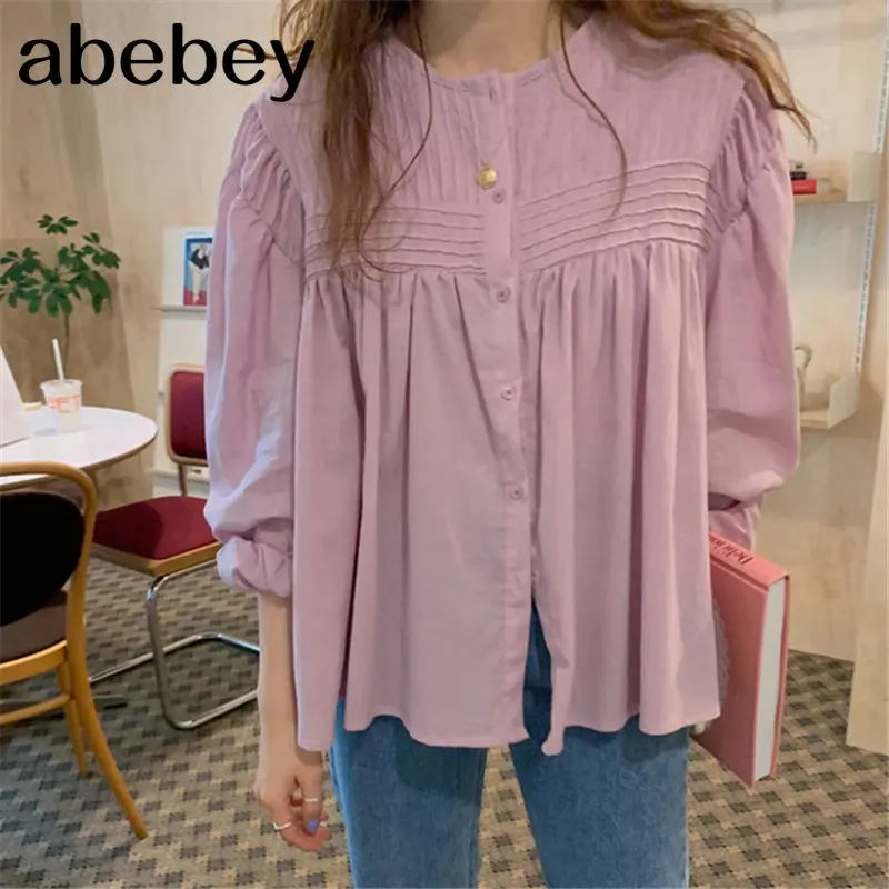 

Purple-Pink Loose Casual Tops 2020 Hot OL Style Women Blouses Solid Chic Basic Long Sleeve High Quality All Match Blusas