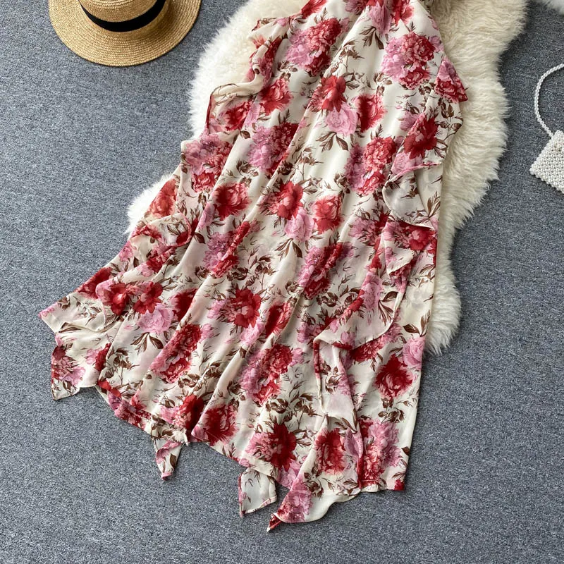 

Boho Irregular Floral Long Dress Women Vacation Beach Short Sleeve Ruffle Chiffon Vestidos Female High Waist Robe Summer