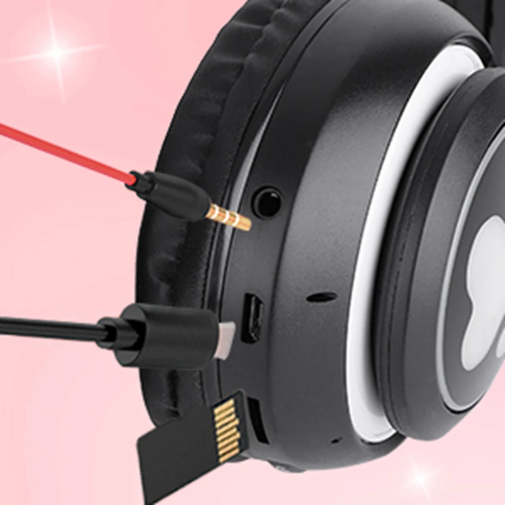 Cute Cat Bluetooth Wireless Headphones With Mic & audio cable Glowing RGB LED Children Black Pink Girls Stereo Music Headset |