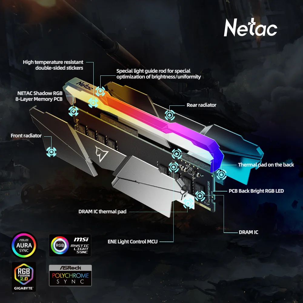 Оперативная память Netac DDR4 RGB 8 ГБ модуль памяти 3200 МГц DIMM для настольных ПК |