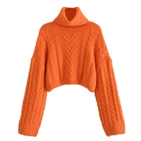 women 2021 za fashion thick warm winter cropped cable knit sweater vintage high neck long sleeve female pullovers chic top
