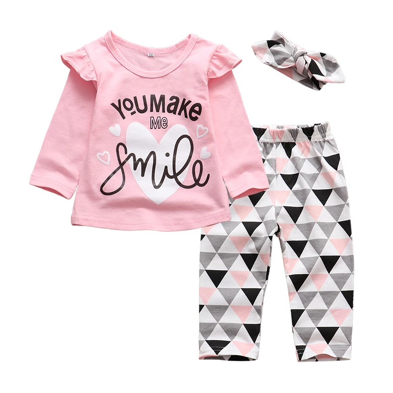 3Pcs Newborn Baby Girl Spring Fall Clothes Set Long Leeve Letter T-Shirt Geometric Pants Headband Infant Girls Clothing Outfits |