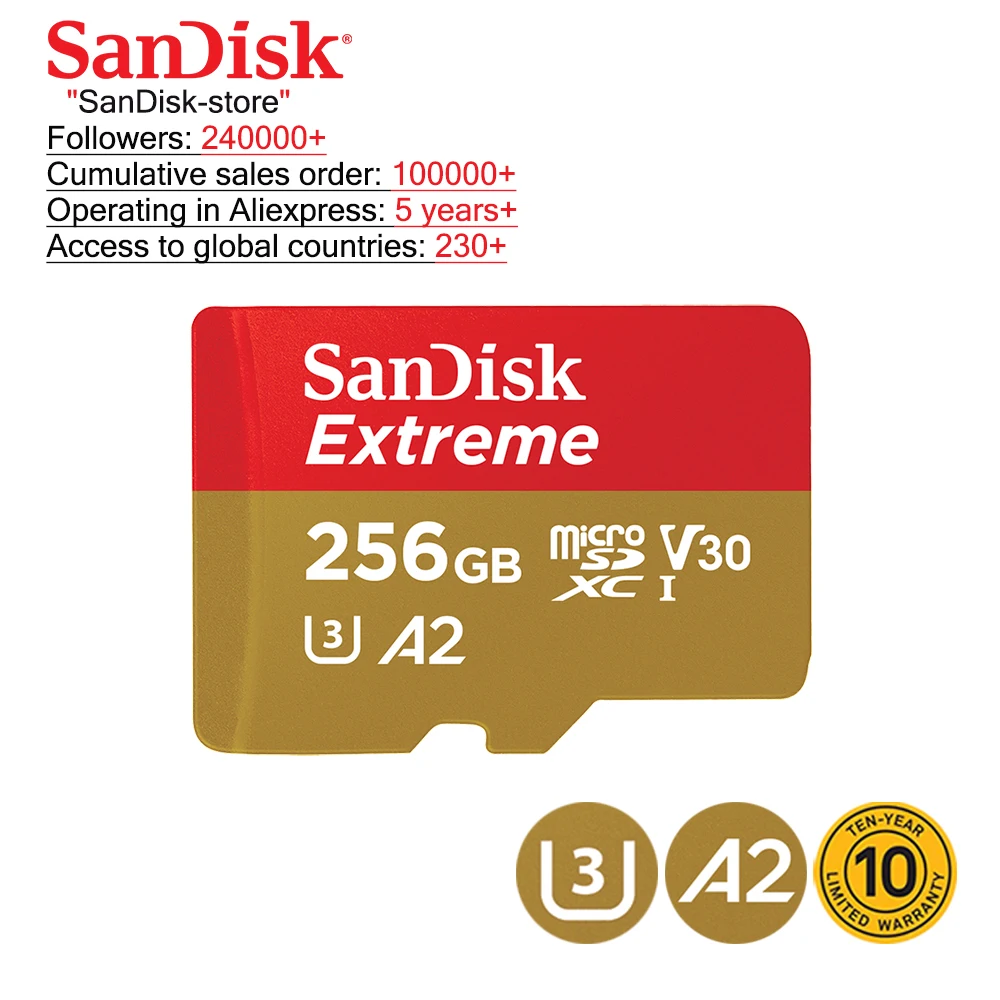 Карта памяти SanDisk Extreme, 100% Оригинальная Карта памяти SDHC Class 10 U3 micro SD TF-карта, 32 ГБ, 64 ГБ, 128 ГБ, 256 ГБ от AliExpress WW