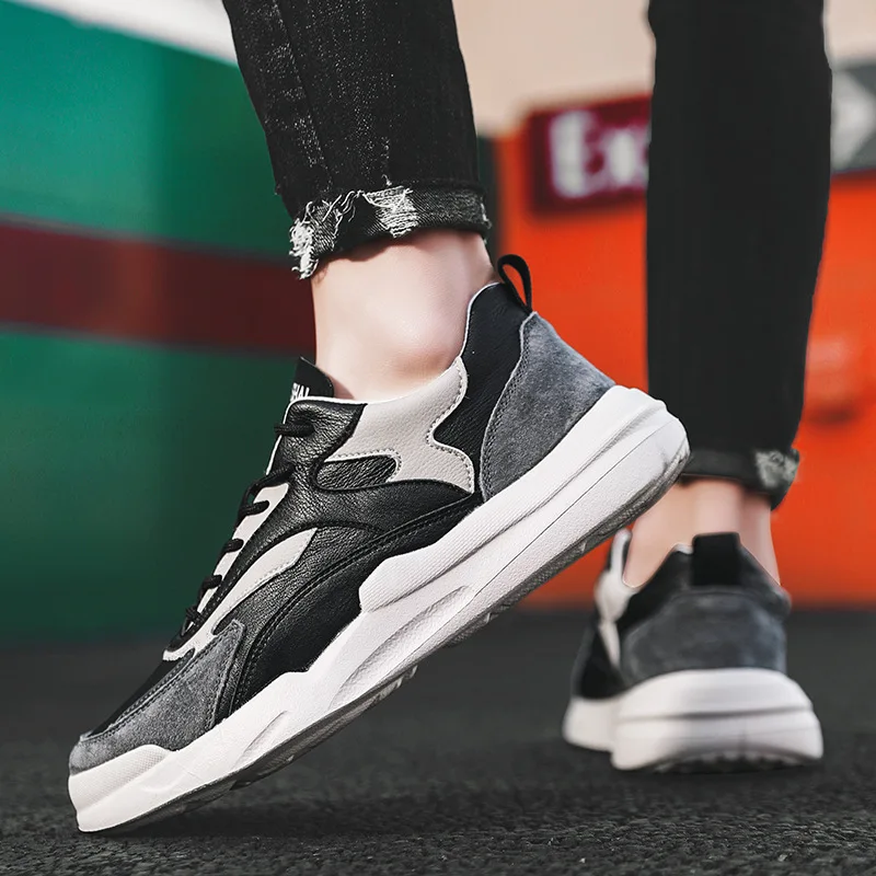 Murah Sepatu Kasual Kulit Pria High End Baru Semua Musim Patchwork Bertali Sepatu Flat Santai Sneakers Fashion Pria 2021