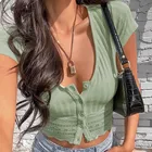 Новая кнопка Сексуальный Топ для женщин пикантные трикотажной в Корейском стиле Стиль футболки с коротким рукавом модные повседневные зеленые летние топы, женская одежда