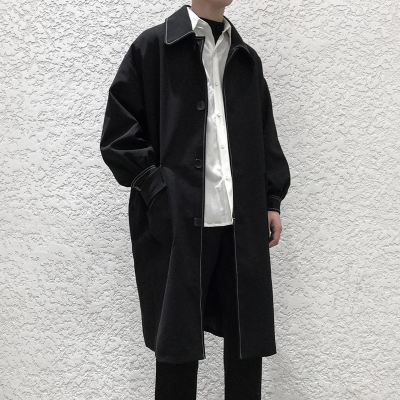 

2021 New Spring Trench Men Simple Black Windbreaker Casual Long Sleeve Long Jacket Male Fashion Single Breasted Overcoat