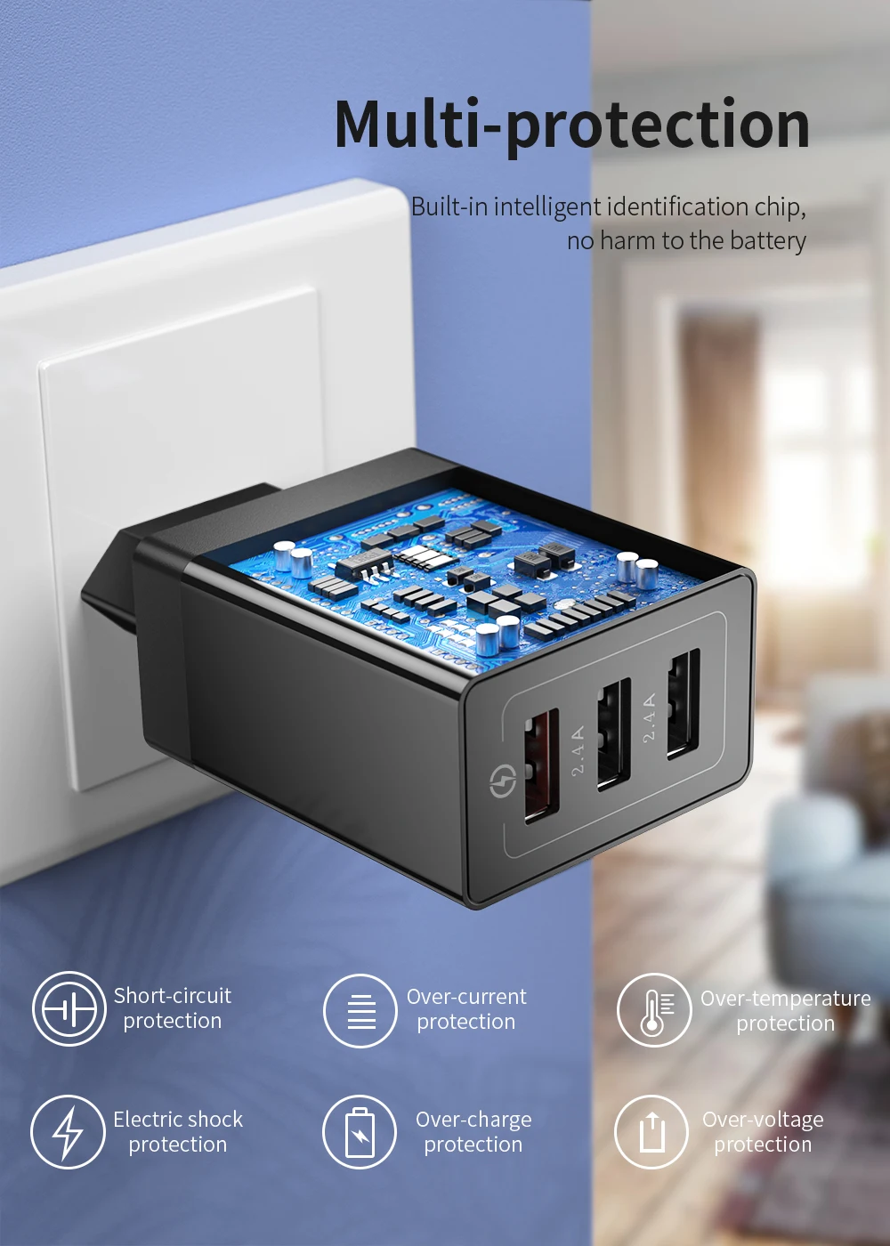 FPU 3 Port USB Charger 30W Quick Charge 3.0 2.0 Mobile Phone Charger for iPhone EU QC3.0 Fast Charger for Huawei Samsung S9+ S10