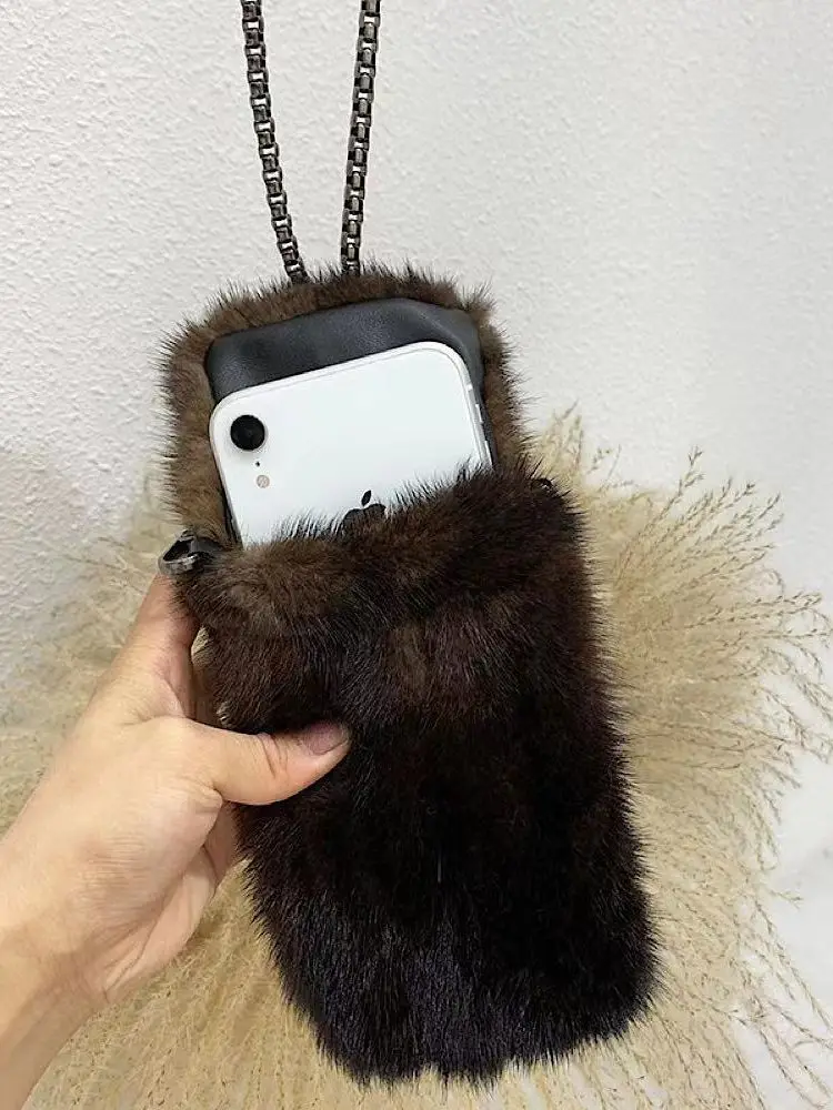 

New launch in 2021 [mobile phone bag] mini mink fur coin purse messenger small bag mobile phone bag female wild lady single-shou