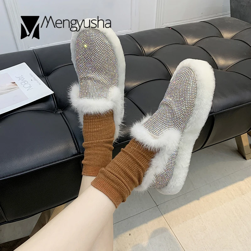 Хлопковая обувь на меху со стразами женские зимние теплые плюшевые мокасины