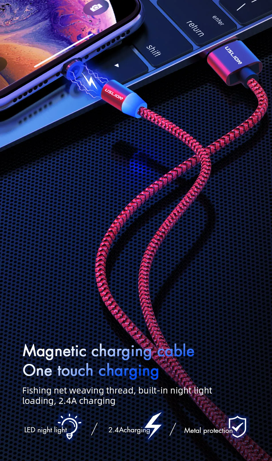 USLION USB кабель для быстрой зарядки Магнитный USB кабель для iPhone type-C зарядный кабель для Xiaomi Note 10 Micro USB Магнитный кабель