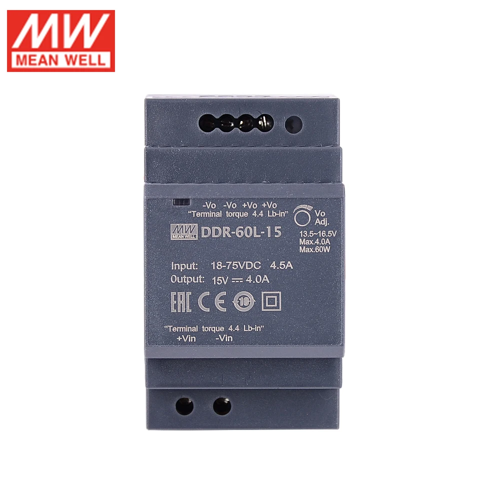 MEAN WELL DDR 60L 15 60 Вт DIN Rail input вход преобразователя 18 75 В постоянного тока до 4A Средняя