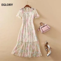 sequined dress 2021 spring summer party club women v neck sweet pink floral embroidery short sleeve slim fit flare dress mesh