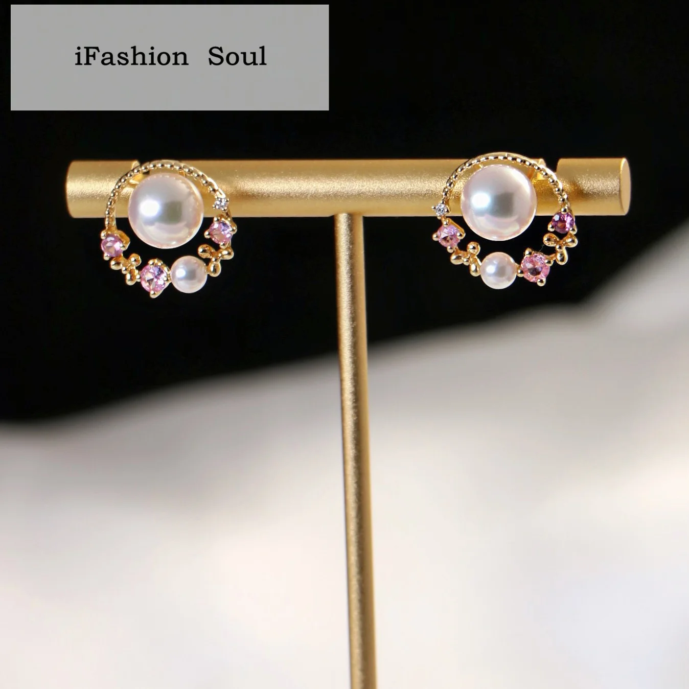 

18K Solid Yellow Gold (AU750) Women Round Hollow Laciness Earrings Pink Tourmaline Diamond Natural Sea Pink Pearl Fashion Lady