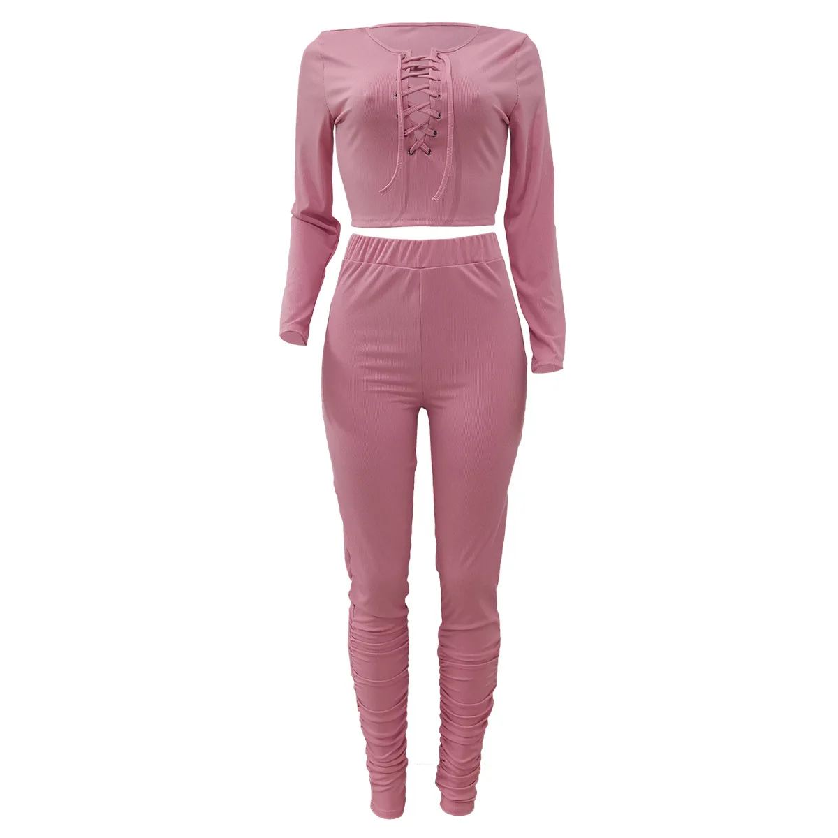 

Hot sale ribbed bandage elastic two-piece ladies long-sleeved lace hollow hollow crop top stacking pants sportswear sportswear