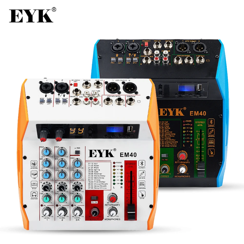 

4-канальный микшерный пульт EYK EM40 профессиональный звуковой микшер со звуковой картой, ПК, USB, Запись воспроизведения, Bluetooth 99, DSP, гитарный ков...